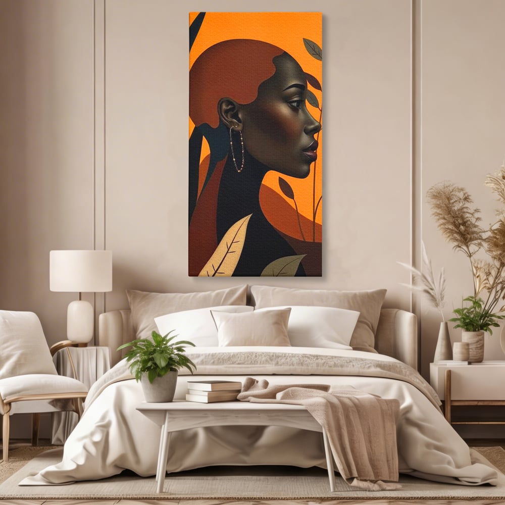 Tablou canvas cu ilustratie digitala cu profil de femeie, fara rama, pe sasiu de lemn, pe perete intr-un dormitor